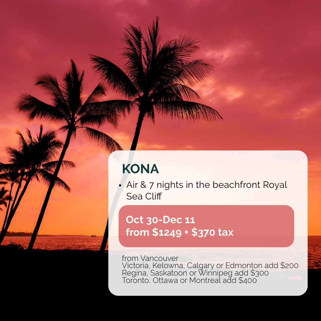 Kona air and accommodation package Oct 30-Dec11.