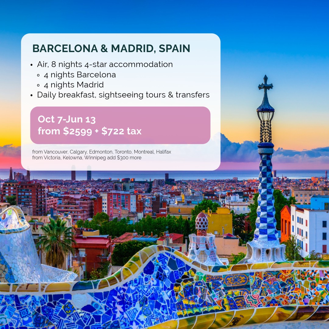 Barcelona and Madrid, Spain, travel deal Oct 7 to June 13.